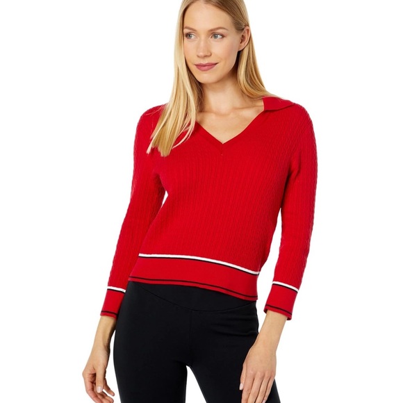 Sale! $70 Tommy Hilfiger Women's Classic Red Johnny Collar Cable Sweater Size S - Picture 1 of 9